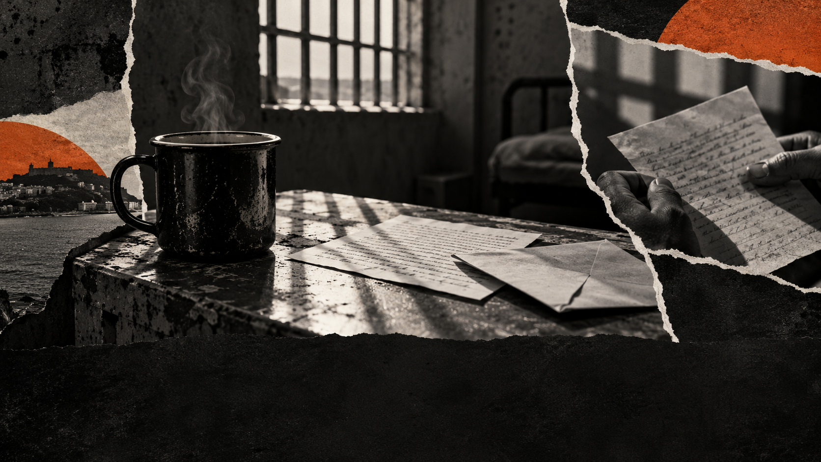 Una taza de café y una carta en un collage documental.